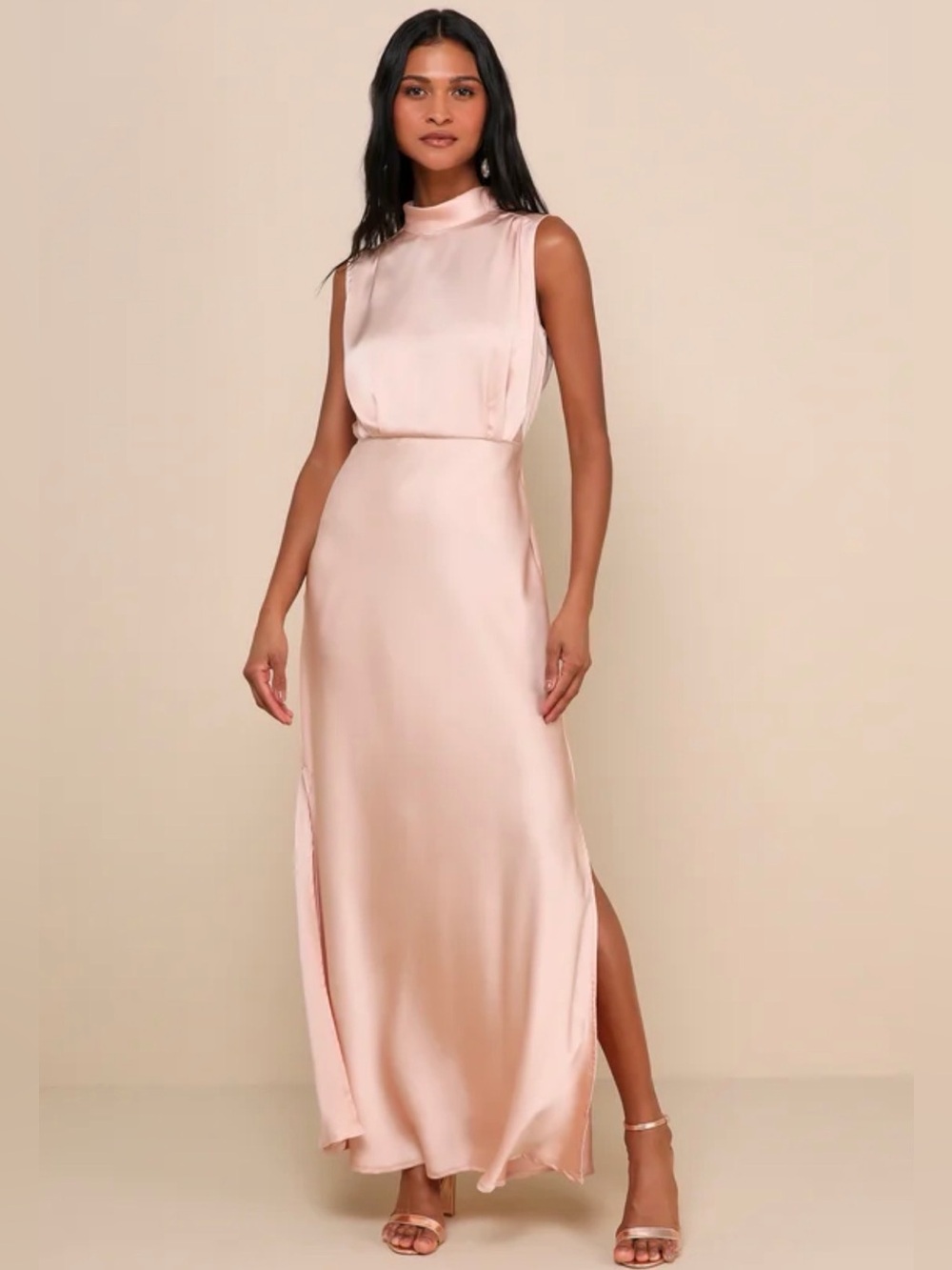 Lulus Classic Elegance Blush Satin Sleeveless Mock Neck Maxi Dress XXS